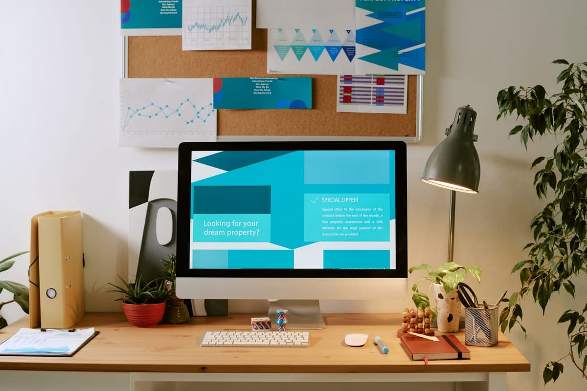 Modern workspace with software running on a desktop computer